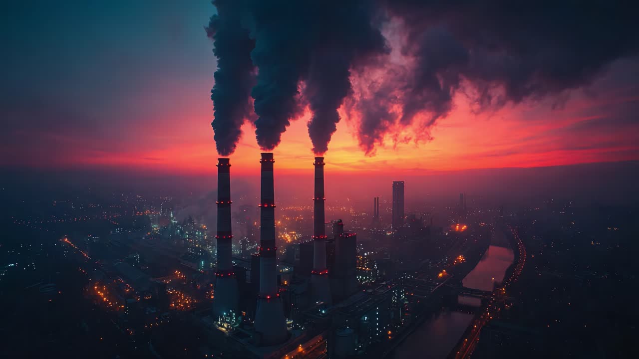 Vista panoramica dello skyline di una città al crepuscolo con ciminiere industriali che emettono fumo scuro sullo sfondo di un tramonto dai colori vivaci, che mostra l'inquinamento urbano e le preoccupazioni ambientali
