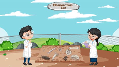 animated scientists reveal geological time layers.