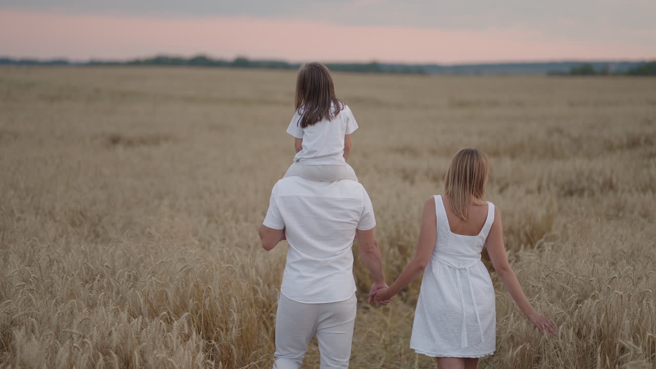 슬로우 모션: 아이와 함께 행복한 농부 가족이 밀 ⁇ 에서  ⁇ 고 있습니다. 건강한 어머니 아버지와 작은 딸은 야외에서 함께 자연을 즐기고 있습니다.