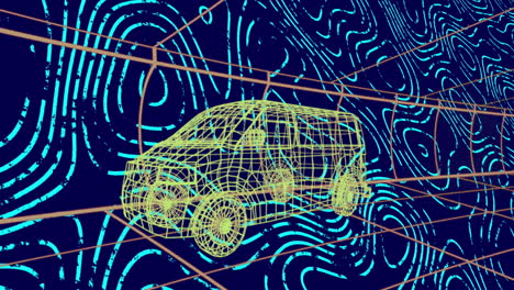 Animation of truck project over navy background with green changing waves