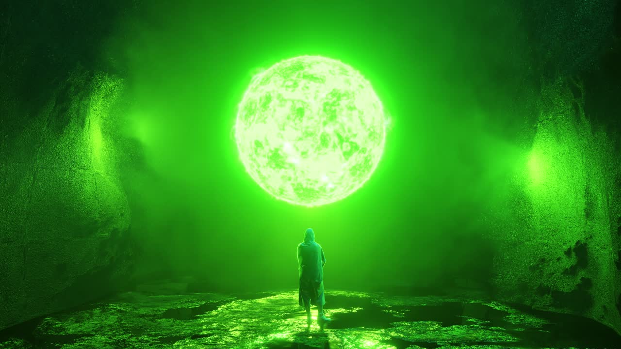 Futuristic traveler admiring burning planet. Sci-Fi scene, 3d animation