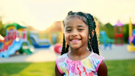 una niña sonriente en un patio de recreo