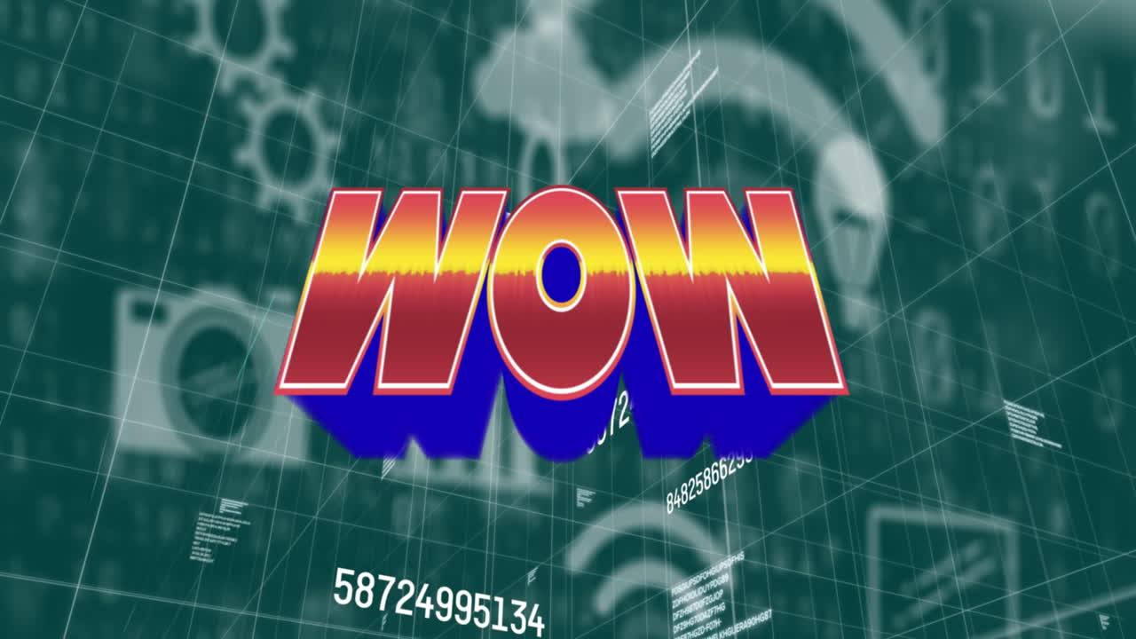 와우 텍스트와 데이터 처리 및 녹색 배경에 여러 디지털 아이콘을 통해 숫자를 변경