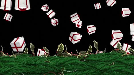 christmas holly wreath with gifts falling