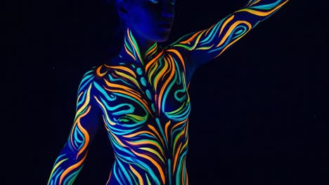 a mesmerizing display of vibrant body art illuminated under uv light, showcasing intricate patterns and colors that capture the essence of creative expression and beauty