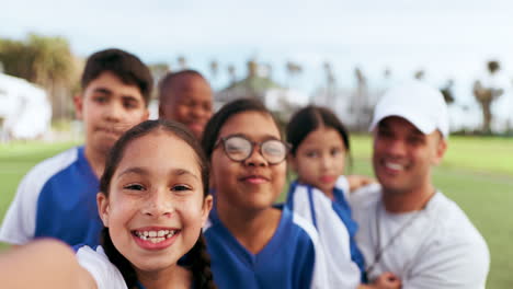 team, soccer and children with selfie for sports