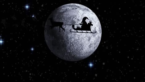 animation of santa claus in sleigh with reindeer over moon and stars