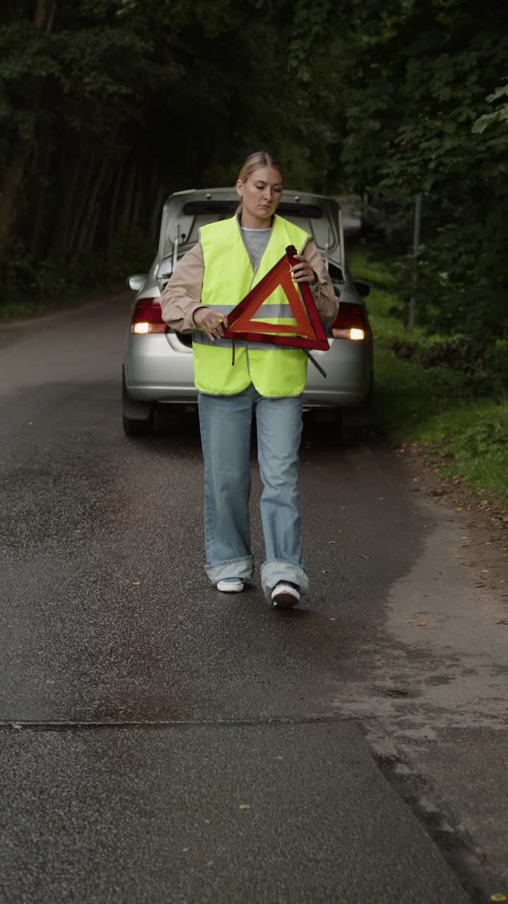 Donna con triangolo di emergenza vicino all'auto sulla strada