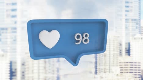 Animation-of-speech-bubble-with-heart-icon-and-numbers-growing-over-cityscape