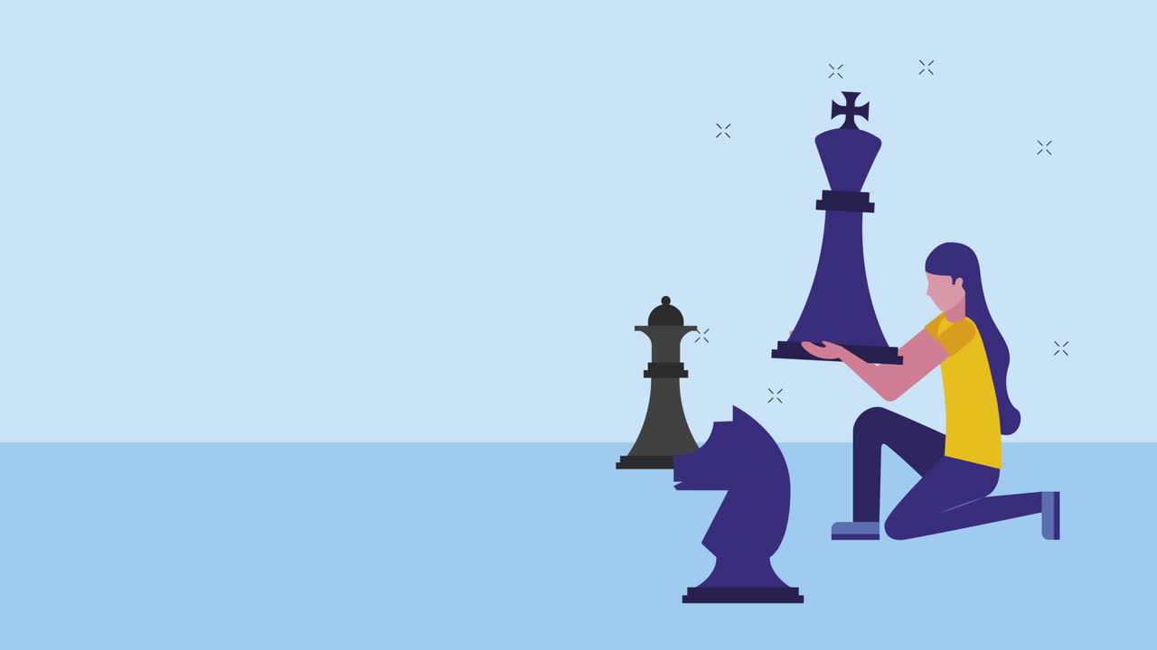 young businesswoman with chees game pieces animation