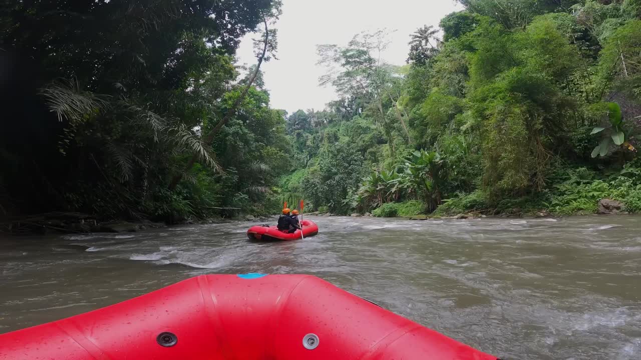 Turisti in kayak lungo un ruscello tra fitte foreste verdi