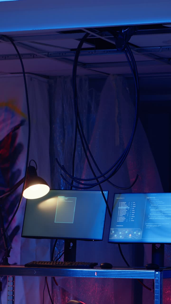 Vertical video Software interface on computer screens in empty criminals den