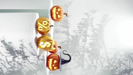 Halloween-themed-display-with-carved-pumpkins-on-platforms,-one-with-a-witch-hat-and-others-with-percentage-and-dollar-signs,-shadows-of-branches-on-a-white-background