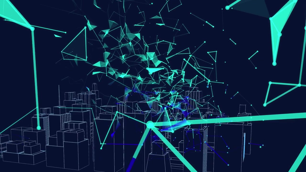 Digital Network Connecting Over a Wireframe Cityscape