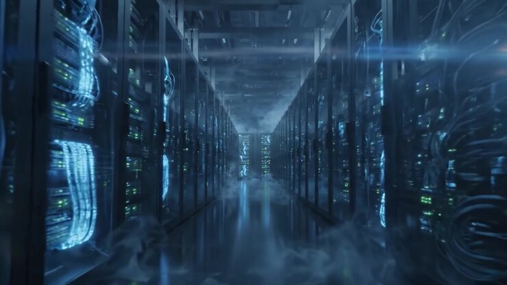 A Glimpse into the Heart of a Modern Data Center: Illuminated Racks, Ventilation, and Aerial Perspectives of High-Tech Server Infrastructure