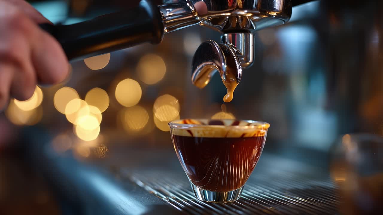 Rich espresso pours into a glass cup. Warm amber liquid flows smoothly from a tap. Soft bokeh lights glow behind the bar. Coffee's aroma suggests comfort and luxury