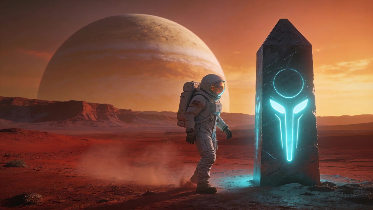 Oplever glødende cyan-emblem, iklædt astronaut går mod obelisk på rød slette, undersøger