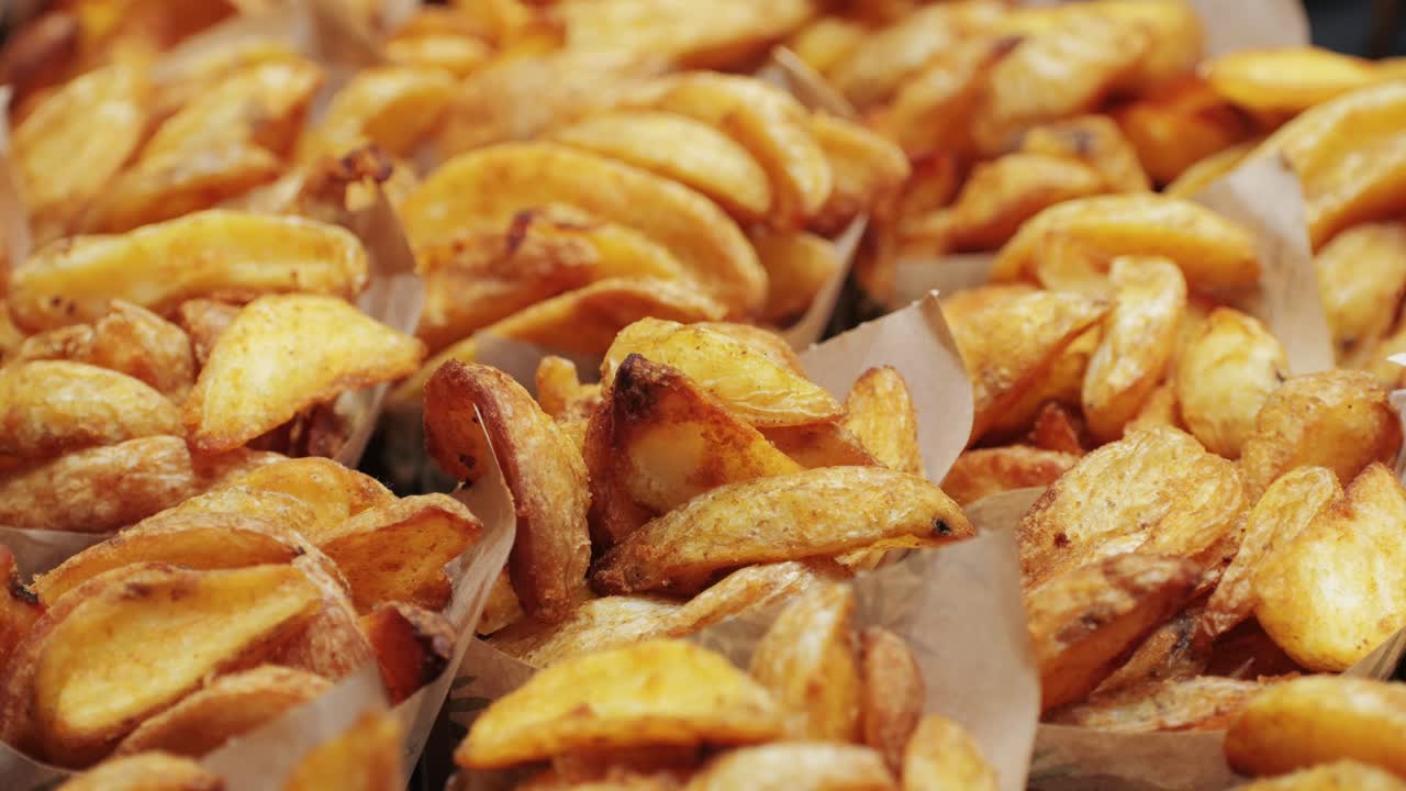 Crunchy potato wedges, fried to a golden brown perfection, served in paper cones for a tasty snack or appetizer option