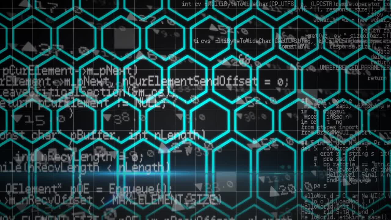 검은 바탕의 증권 시장 데이터 처리에 대항하여 네온 육각형 모양의 디지털 애니메이션