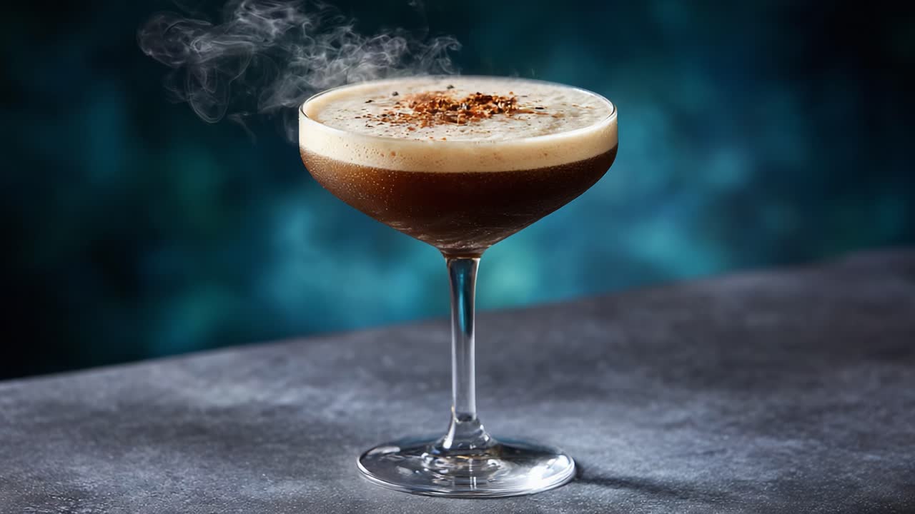 Elegant Cocktail with Steamy Foam and Garnish, Showcasing Rich Colors and Textures Against a Soft Focus Background in Two Frames