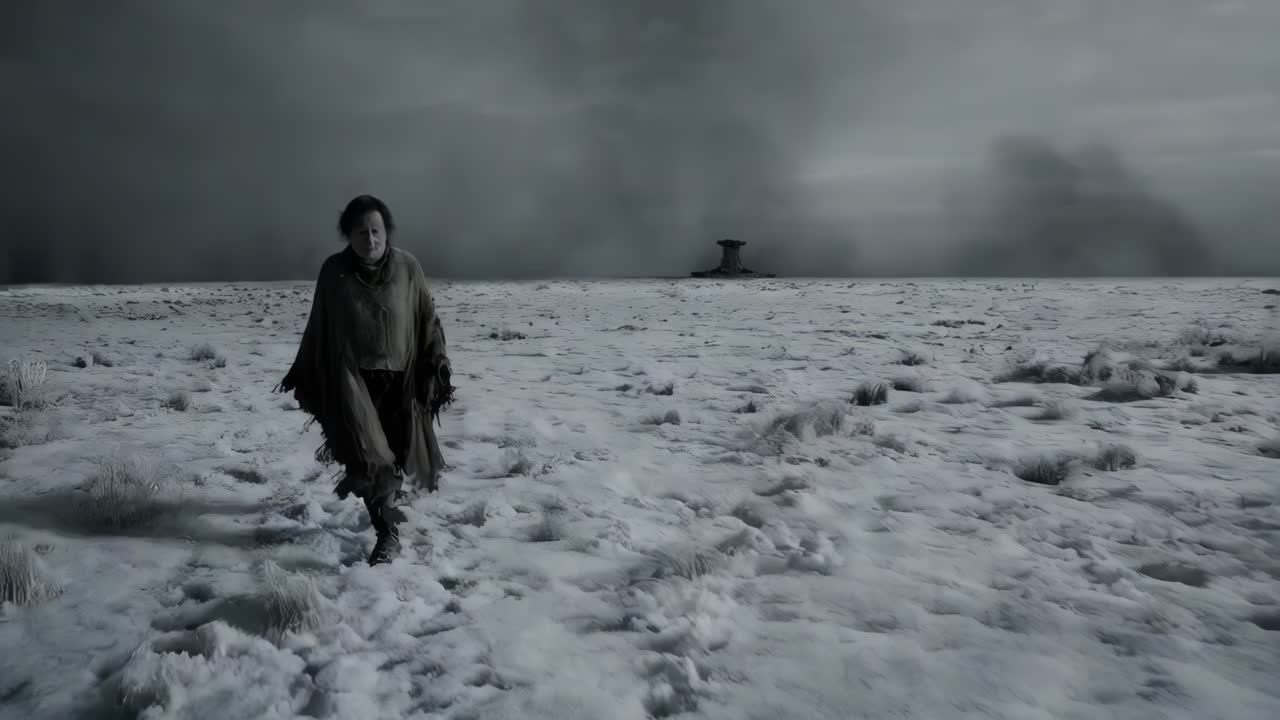 외로운 인물이 눈 인 풍경을 가로질러 고 있다