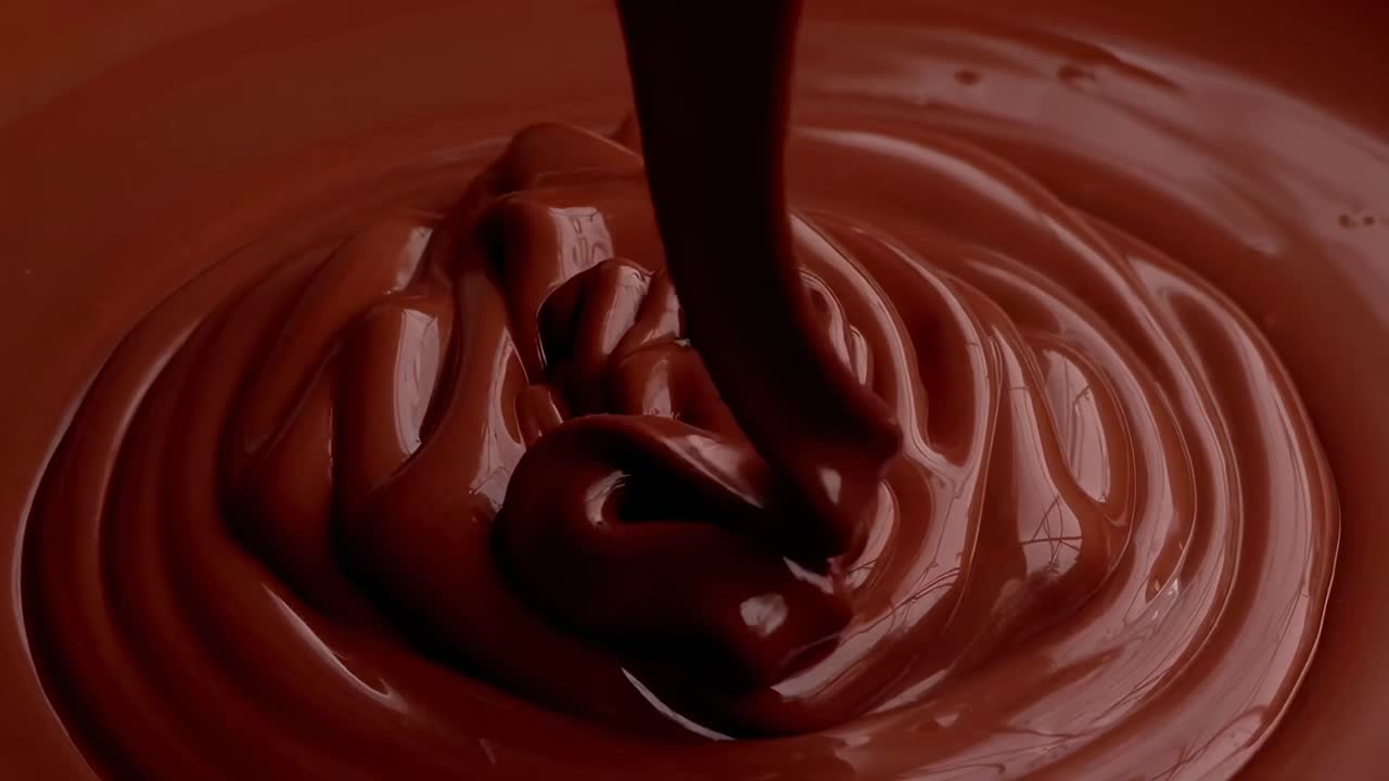 Video ravvicinato di cioccolato fuso e denso che si scioglie dolcemente, ripreso da un’angolazione dall'alto verso il basso