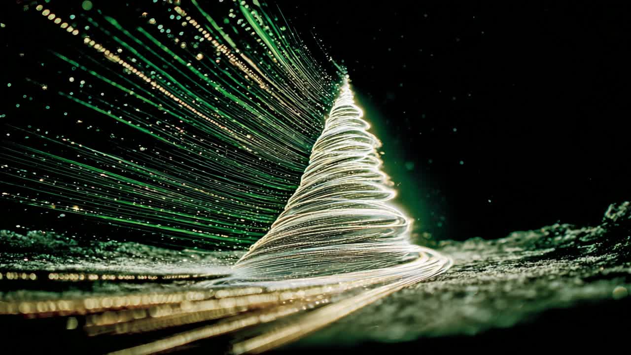 A mesmerizing visual representation of a luminescent tree created with vibrant light trails and particles, showcasing enchanting green spirals that evoke a sense of holiday magic and wonder in a dark background