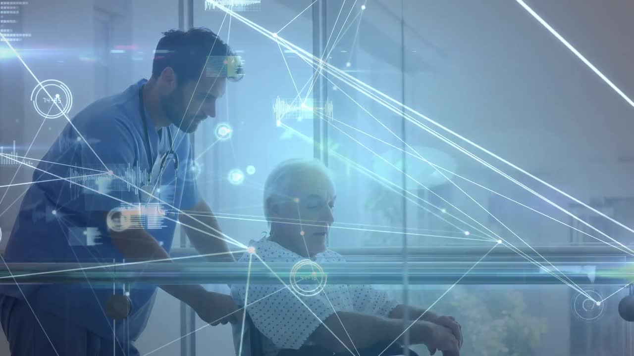 Animation of network of connections over male doctor helping senior patient on wheelchair