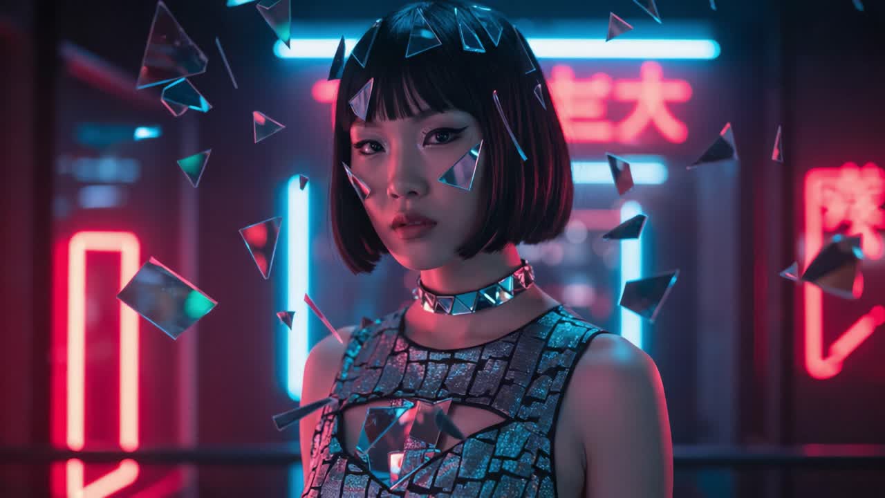A striking portrayal of a young woman in a neon-lit environment, surrounded by fragmented mirrors, reflecting themes of identity and modernity in a futuristic setting