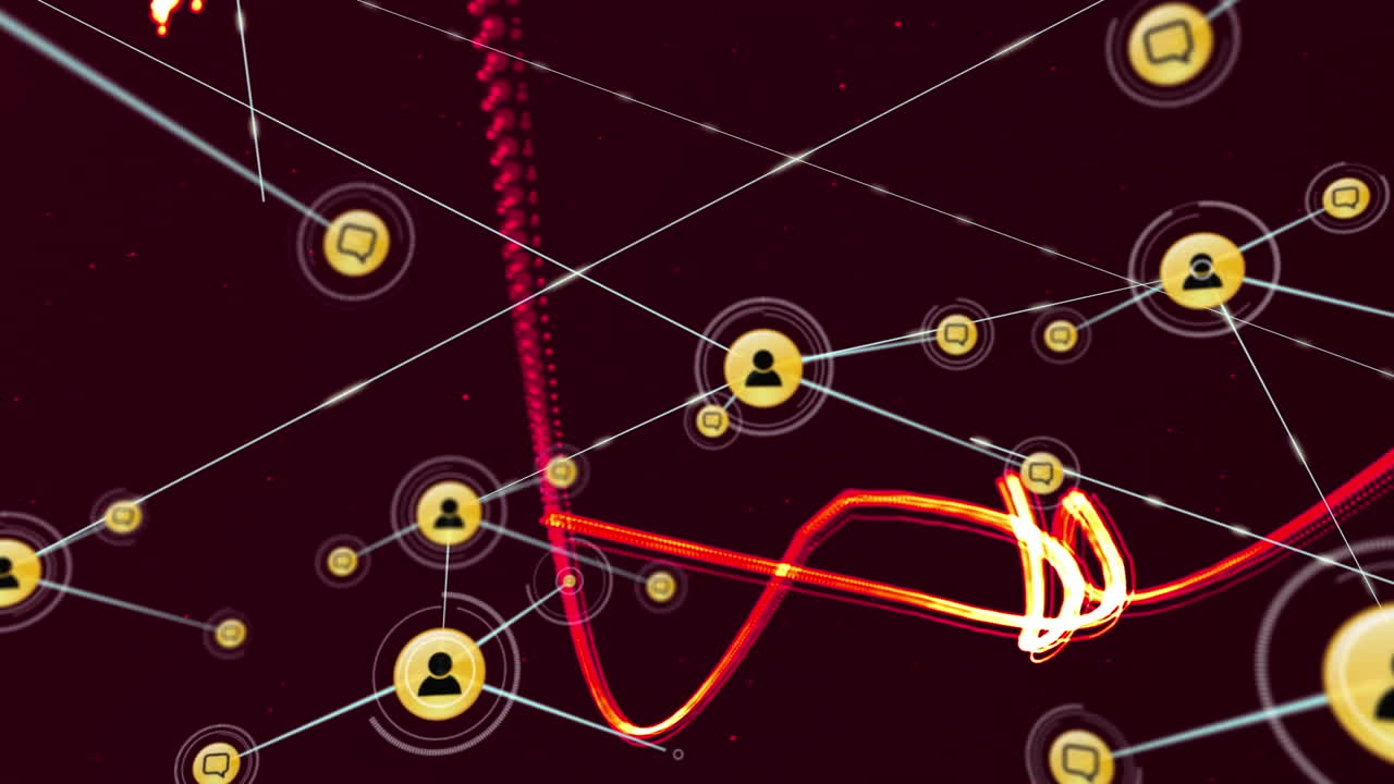 빨간 불빛으로 검은 바탕에 전자 메일 아이콘의 연결 네트워크의 애니메이션