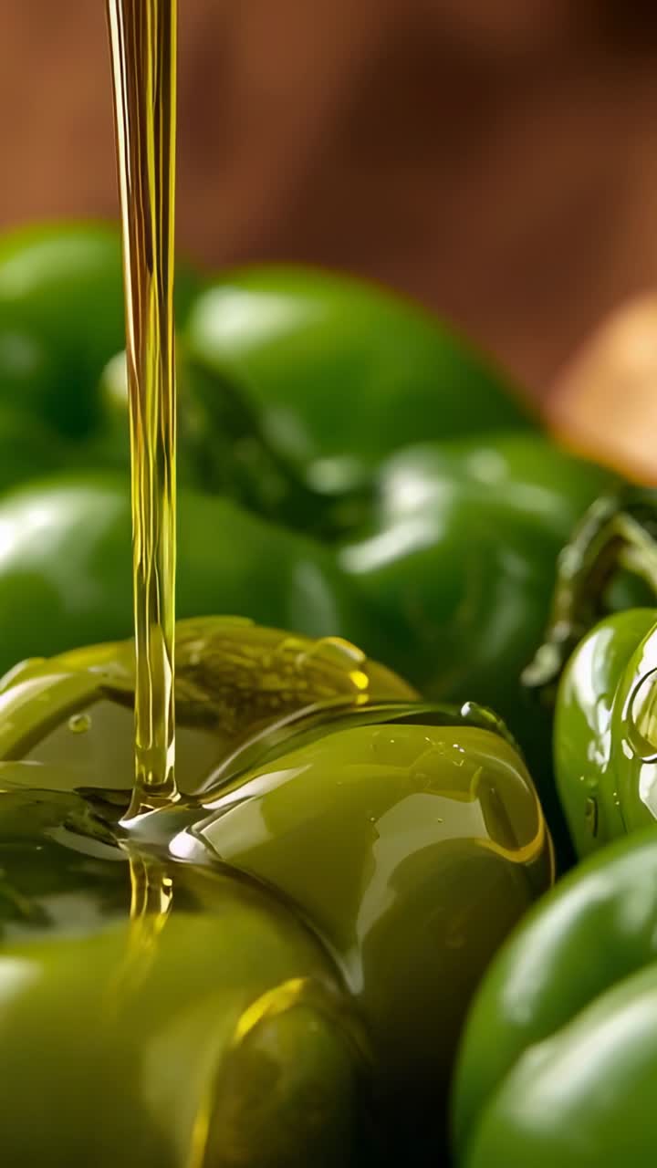 Video verticale: Flusso d'olio dorato che viene versato su un peperone verde sul piano di lavoro, ricoprendone la buccia.