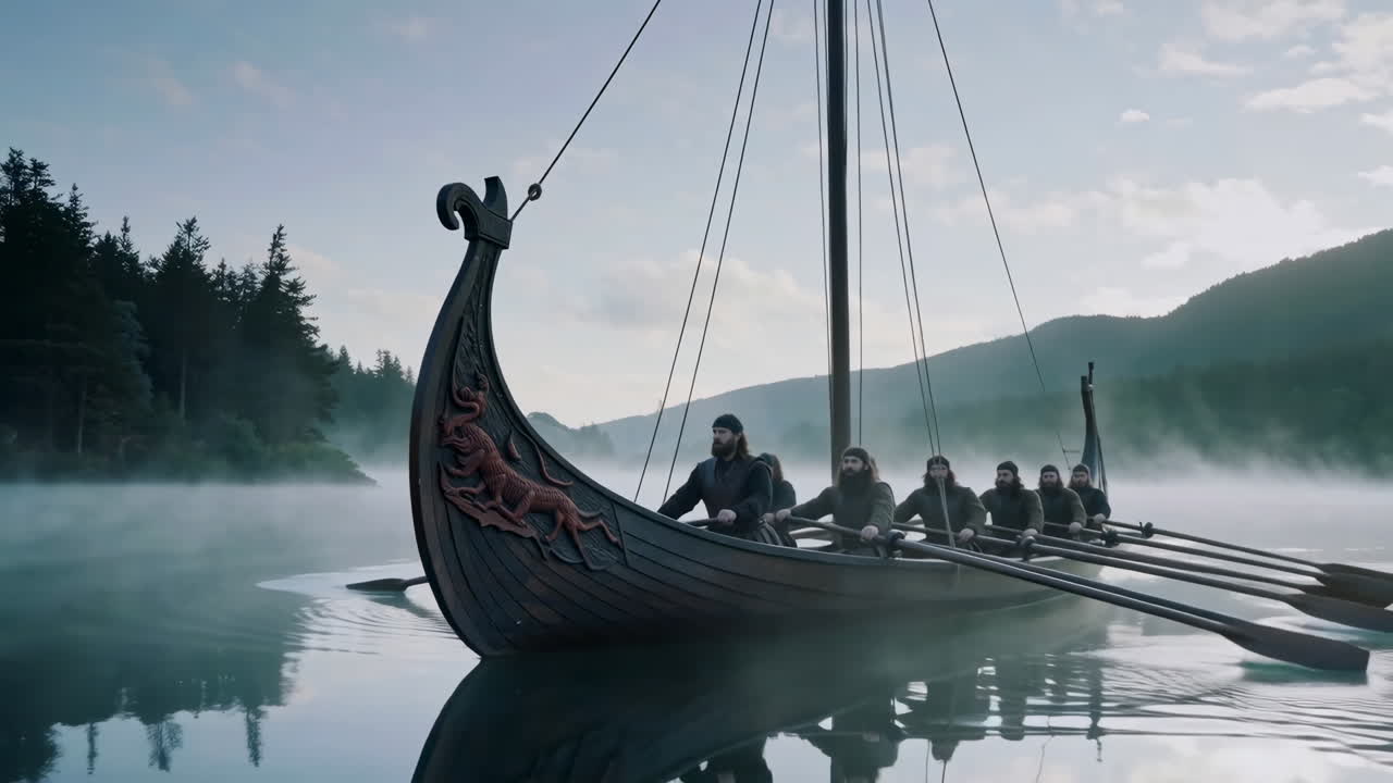 Viking Longboat Crew Rowing on a Misty Lake