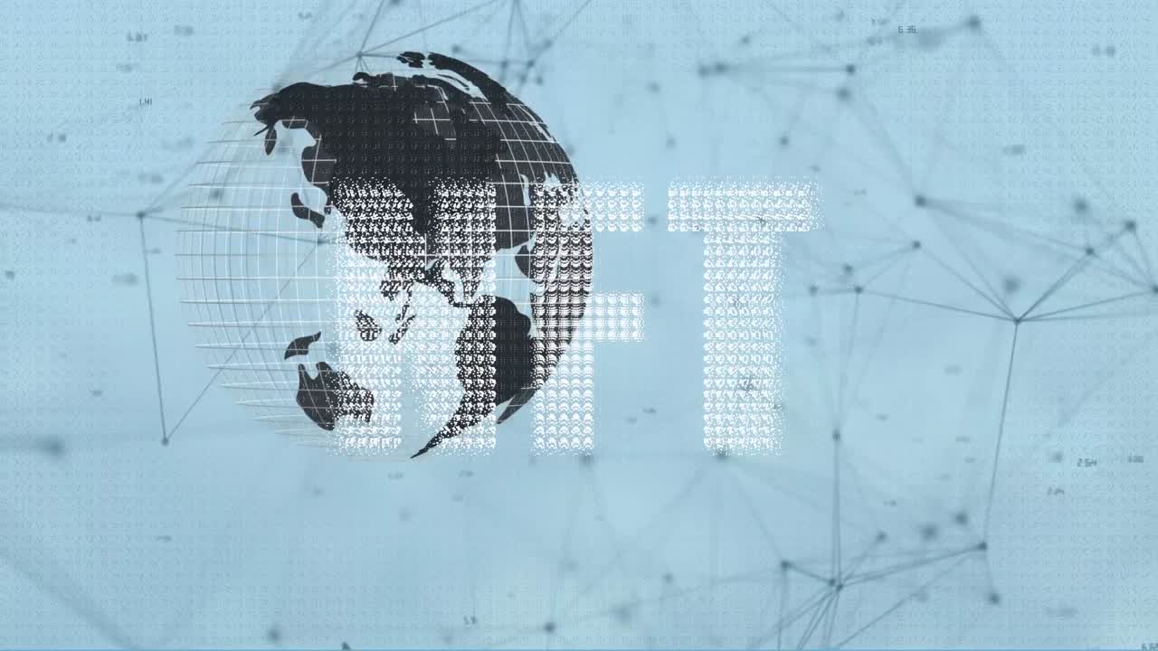 Animazione di globo e testo NFT su rete di connessioni su sfondo bianco