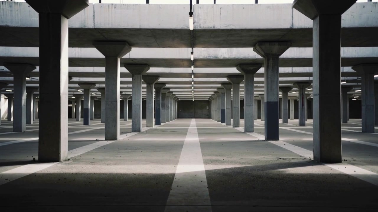Telecamera in avanzamento che mostra un corridoio centrale con colonne in un parcheggio, con una corsia dipinta che ne evidenzia la profondità.