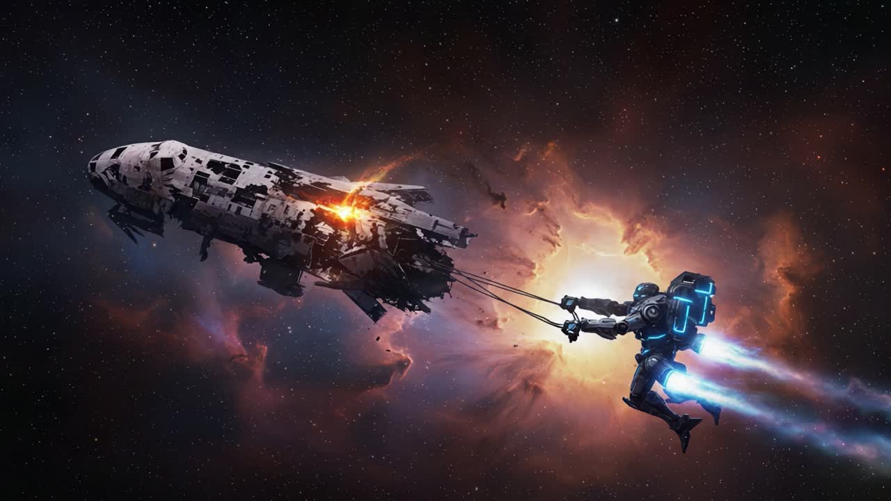 Un Astronauta Utilizza Tecnologia Futuristica per Manovrare un'Astronave Danneggiata Attraverso una Vibrante Esplosione Cosmica in una Scena di Fantascienza Mozzafiato Ricca di Azione Intensa