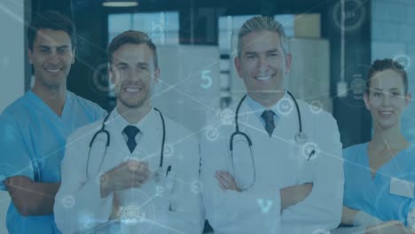 animación del procesamiento de datos de seguridad cibernética contra un equipo de médicos que muestran los pulgares hacia arriba en el hospital