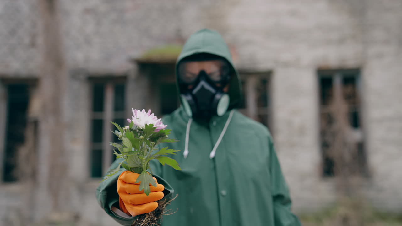 Save environment. Man wearing mask for breathing and protective suit holding flower against ruined building. Pollution of environment concept.