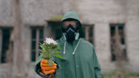 save environment. man wearing mask for breathing and protective suit holding flower against ruined building. pollution of environment concept.