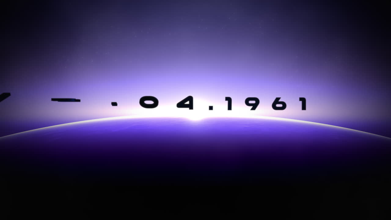 12.04.1961 with purple flash of star and big planet in galaxy