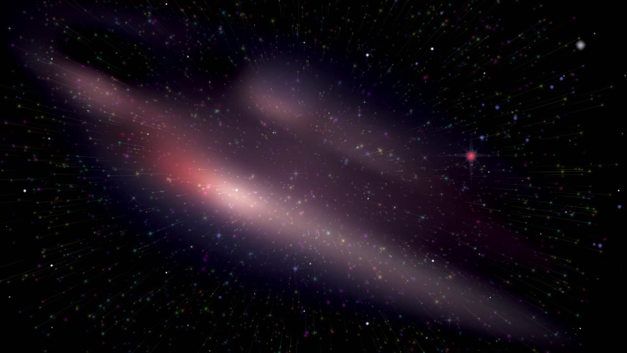 Vibrant fireworks burst and fade over a deep space nebula with twinkling stars and galaxies