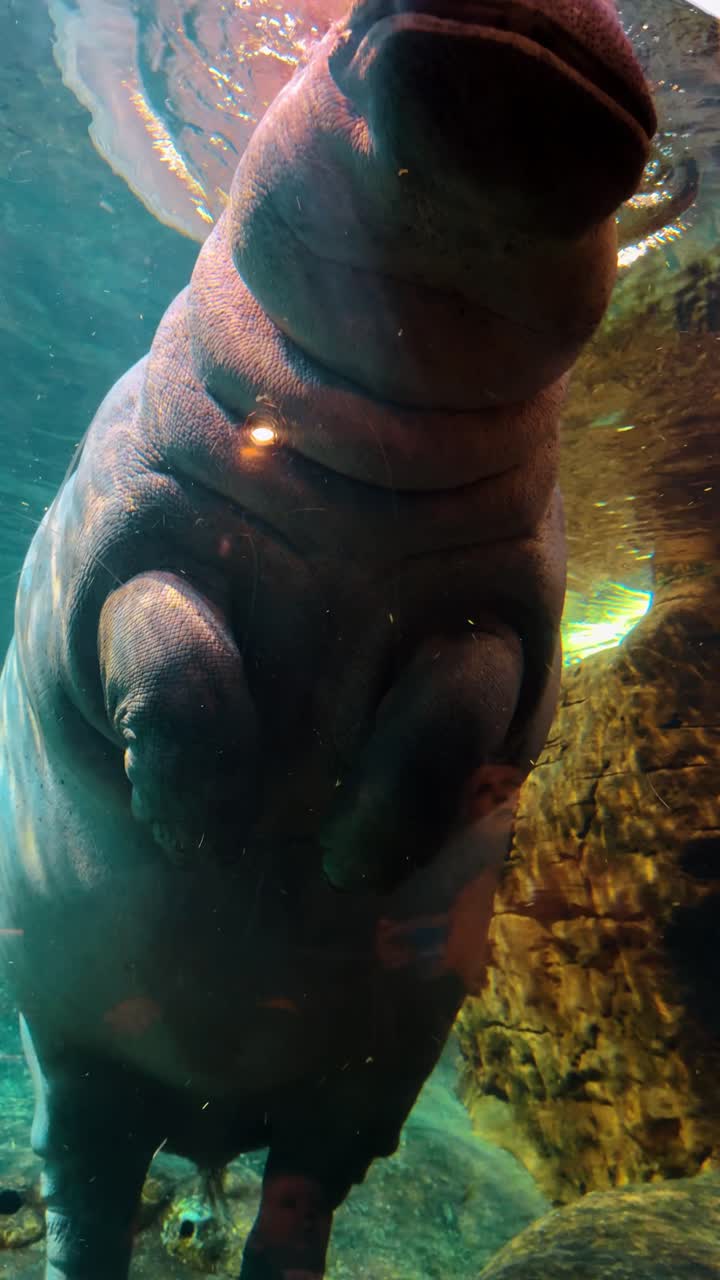 Vista en ángulo bajo de un hipopótamo flotando en el agua de un acuario. Perspectiva desde abajo mostrando el cuello y las patas delanteras del hipopótamo sumergidos en agua azul cristalina.