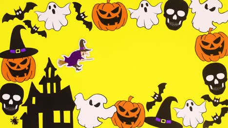 witch on broom flying under halloween frame on yellow theme. stop motion