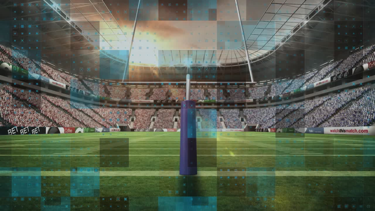 Football stadium with goalpost and crowd, data processing animation over scene