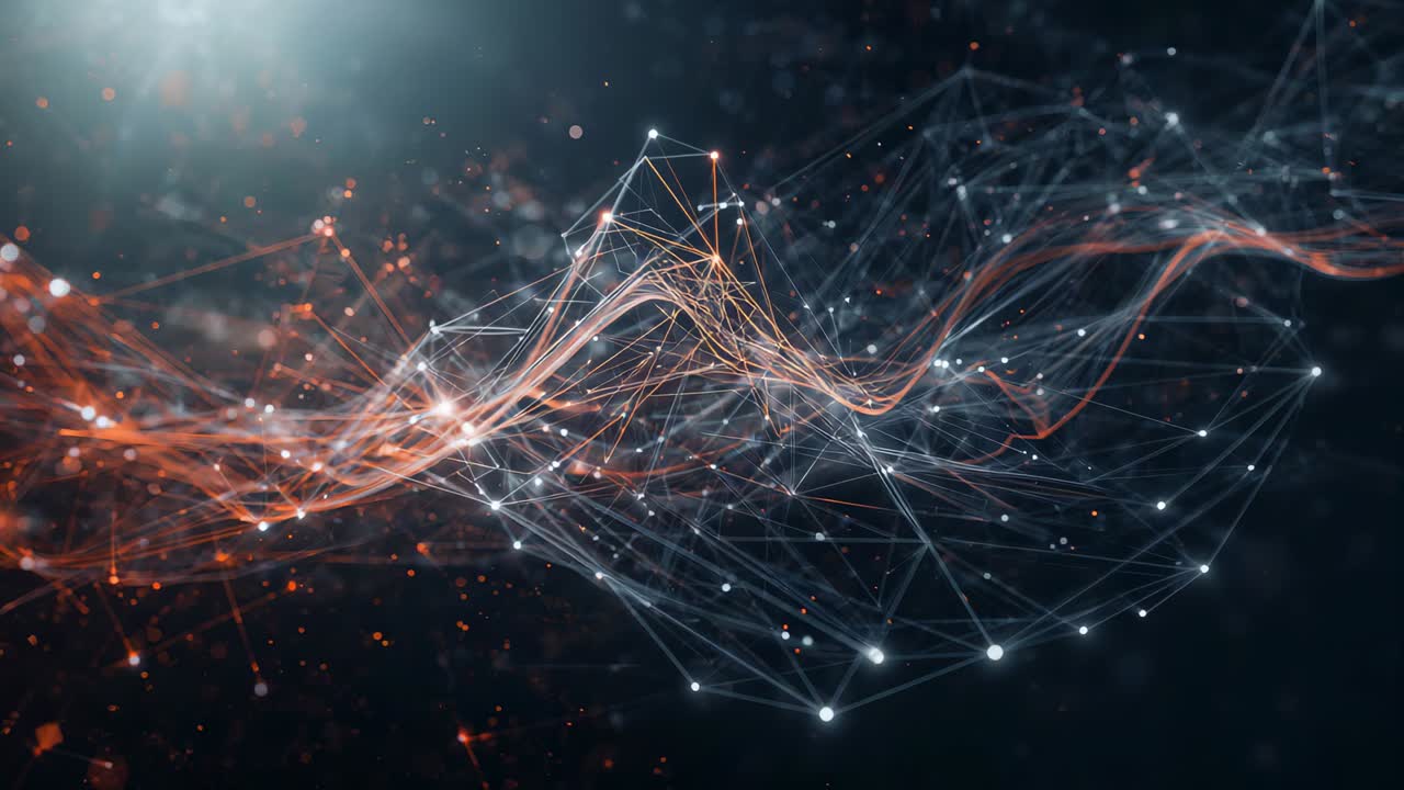 Rede abstrata evoluindo e convergindo para um núcleo brilhante em um estúdio escuro no início, com nós brilhantes