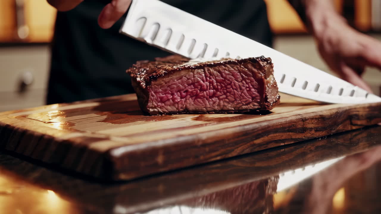 맛있는 스테이크를 잘라내는 셰프