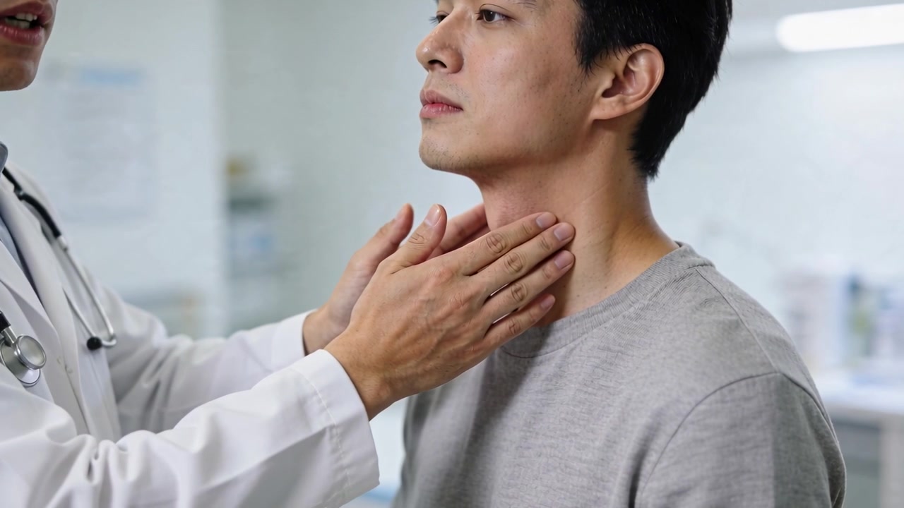 Clinico porta le mani al collo, palpando il paziente per noduli in clinica, con camice da laboratorio e stetoscopio.