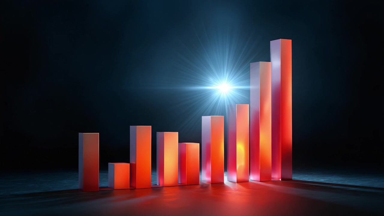 Dynamic Growth Visualization: An Abstract Representation of Increasing Success through Colorful Bar Graphs Highlighted by Radiant Light Effects.