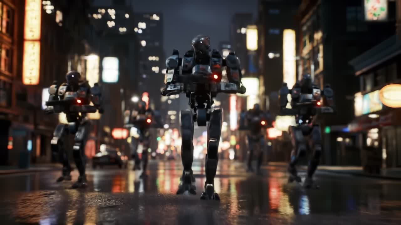 A futuristic cityscape unfolds as robotic sentinels patrol the rain-soaked streets, illuminated by vibrant neon lights and the eerie glow of urban nightlife