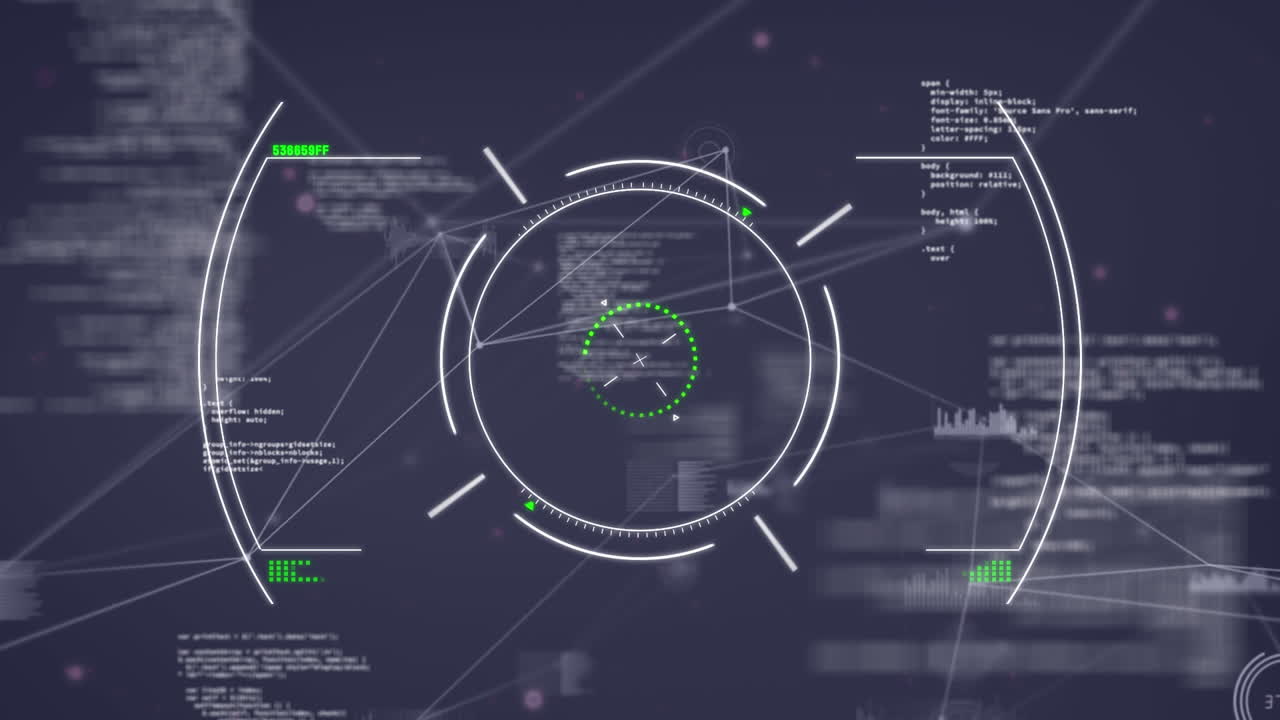 Animation of scope scanning over network of connections and data processing on black background