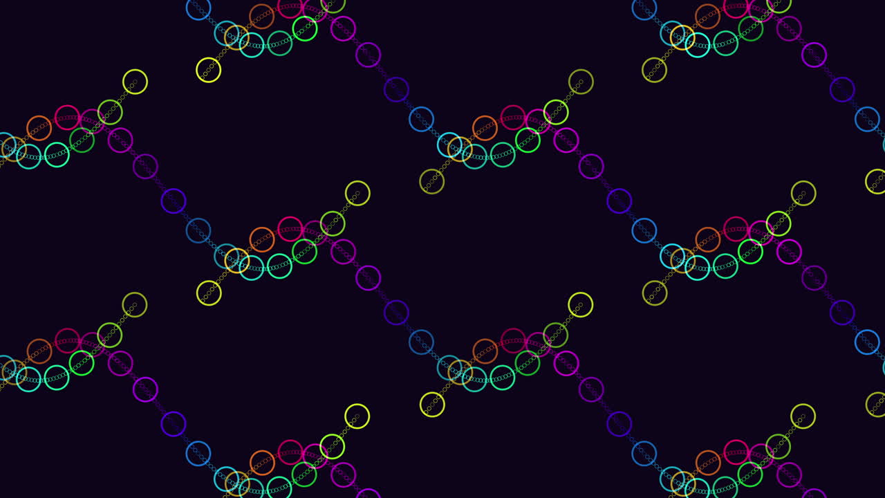 círculos conectados vibrantes en colores de gradiente sobre un fondo negro